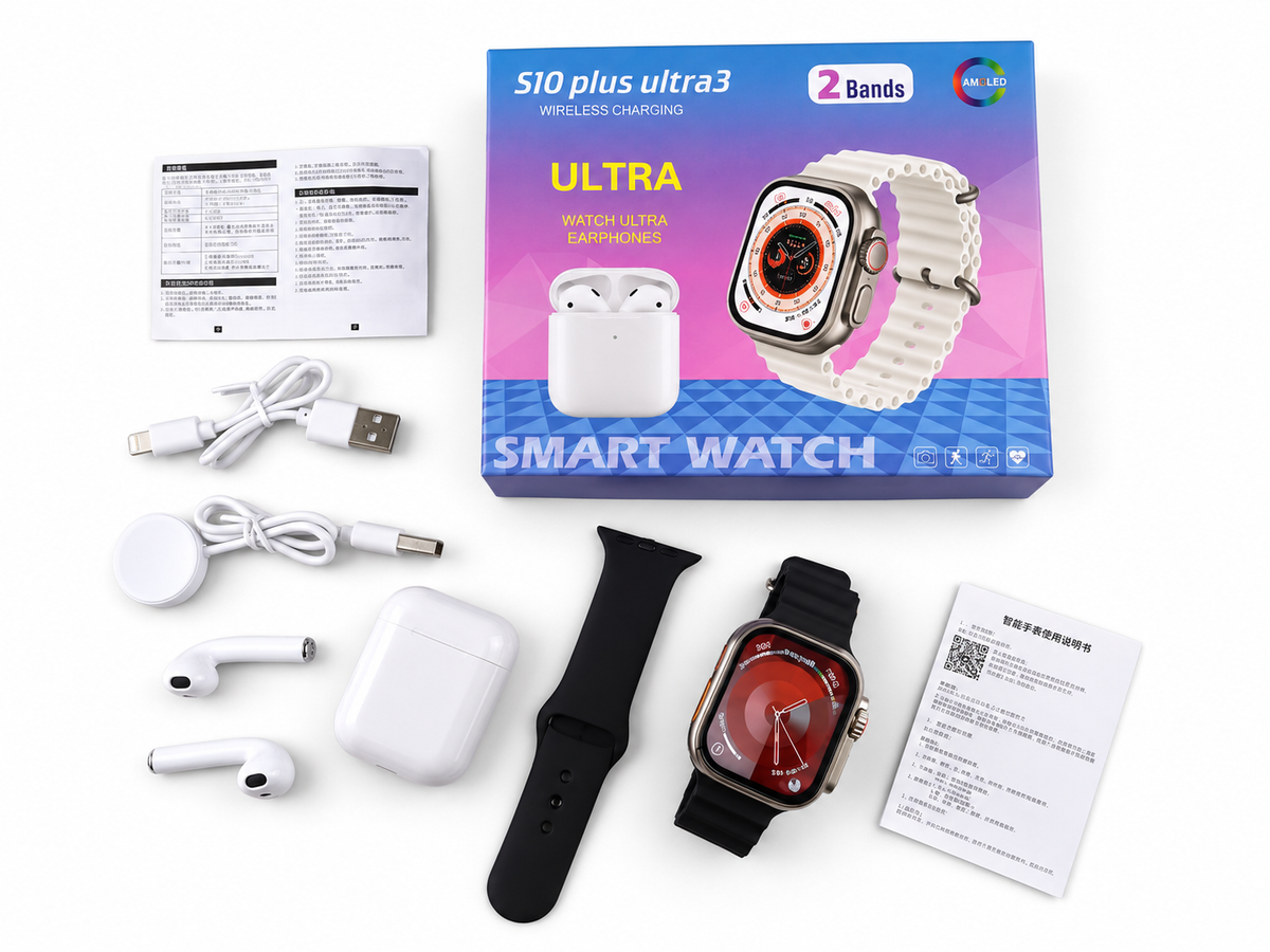 S10 Plus Ultra 3 - Smart Watch with AMOLED Display, 2 Bands & Earphones