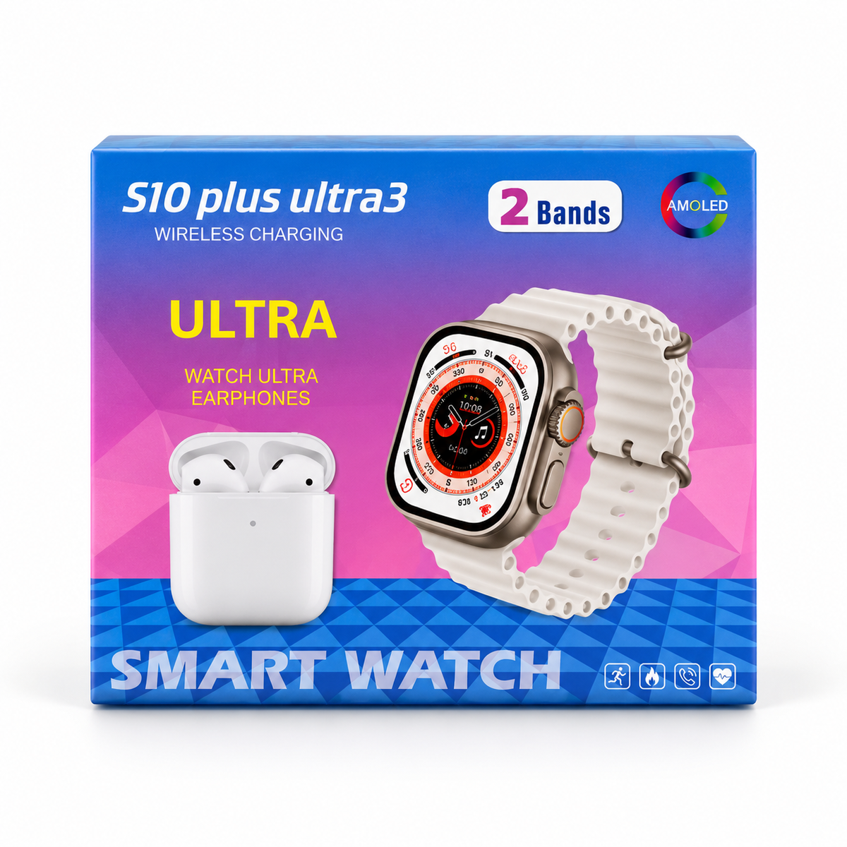 S10 Plus Ultra 3 - Smart Watch with AMOLED Display, 2 Bands & Earphones