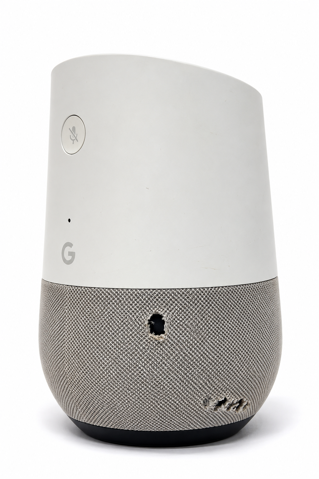 Actual Google Home Smart Speaker condition on white background showing cosmetic fabric wear