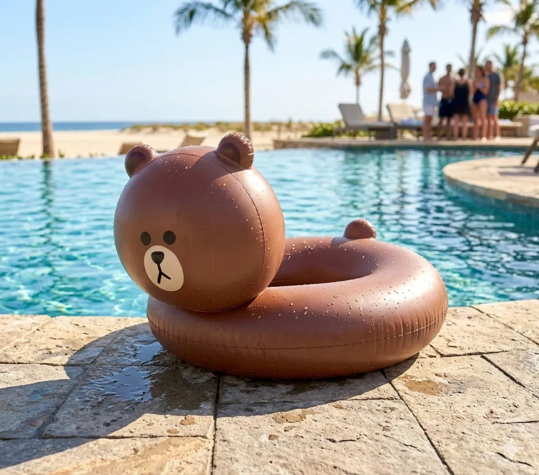 LINE FRIENDS Brown bear inflatable pool ring by the pool